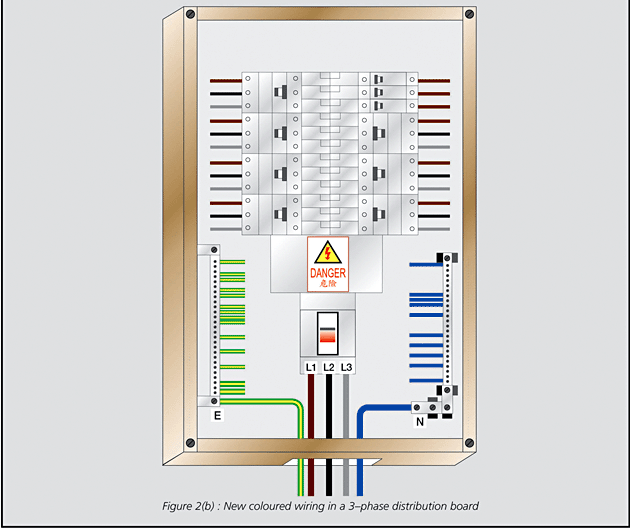 Figure 2(b) : New coloured wiring in a 3-phase distribution board