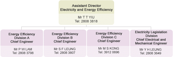 Electricity and Energy Efficiency Branch Struture is listed below: Assistant Director Electricity and Energy Efficiency Mr T T YIU Tel: 2808 3818. Three chief engineers are Energy Efficiency Division A Chief Engineer Mr P W LAM Tel: 2808 3798, Energy Efficiency Division B Chief Engineer Mr S F LEUNG Tel: 2808 3807, Energy Efficiency Division C Chief Engineer Mr M S KONG Tel: 3912 0696 and Electricity Legislation Division Chief Electrical and Mechanical Engineer Mr Y H LEUNG Tel: 2808 3649