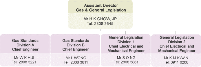 Gas and General Legislation Branch Struture is listed below: Assistant Director Gas and General Legislation Mr H K CHOW, JP Tel: 2808 3645. Three chief engineers are Gas Standards Division A Chief Engineer Mr W K HUI Tel: 2808 3221, Gas Standards Division B Chief Engineer Mr L WONG Tel: 2808 3811, General Legislation Division 1 Chief Electrical and Mechanical Engineer Mr S O NG  Tel: 2808 3861 and General Legislation Division 2 Chief Electrical and Mechanical Engineer Mr K M KWAN Tel: 3911 0208