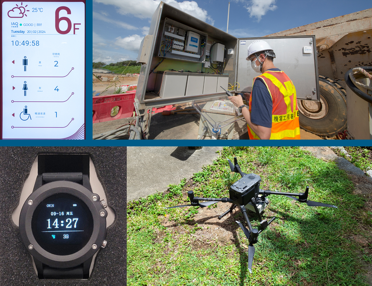 The GWIN supports a variety of IoT applications, including smart toilets (top left), the Smart Site Safety System (top right) and location tracking of hikers in remote areas (bottom).