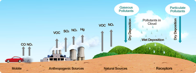 Sources of pollutants: automobiles give NOx and CO; anthropogenic sources give VOC, SO2, NOx and Hg; natural sources give VOC and NOx. Gaseous and particulate pollutants could become dry deposition and pollutants in cloud become wet deposition