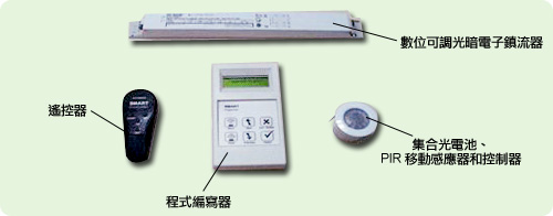 数位可调光暗镇流器，遥控器，程式编写器，集合光电池/PIR移动感应器及控制器