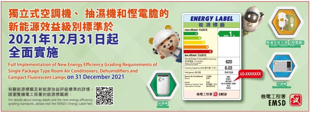 Full Implementation of New Energy Efficiency Grading Requirements of Single Package Type Room Air Conditioners, Dehumidifiers and Compact Fluorescent Lamps on 31 Decemeber 2021