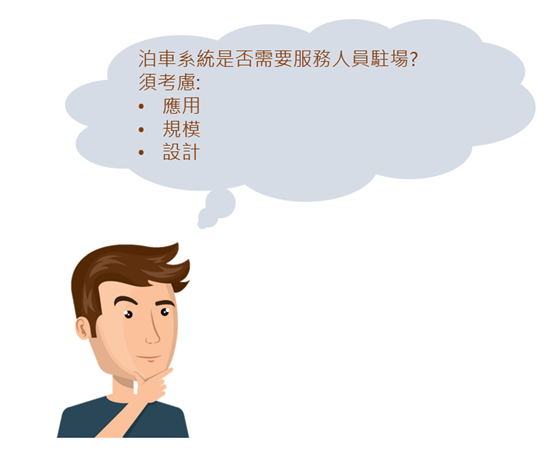 泊车系统是否需要服务人员驻场?须考虑:• 应用 • 规模 • 设计 泊车系统是否需要服务人员驻场?须考虑:• 应用 • 规模 • 设计
