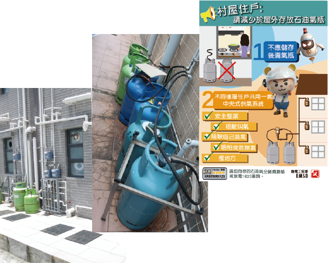 香港現時有不少村屋住戶使用瓶裝石油氣作為燃料，部分住戶往往將石油氣瓶放置於其村屋旁的室外位置