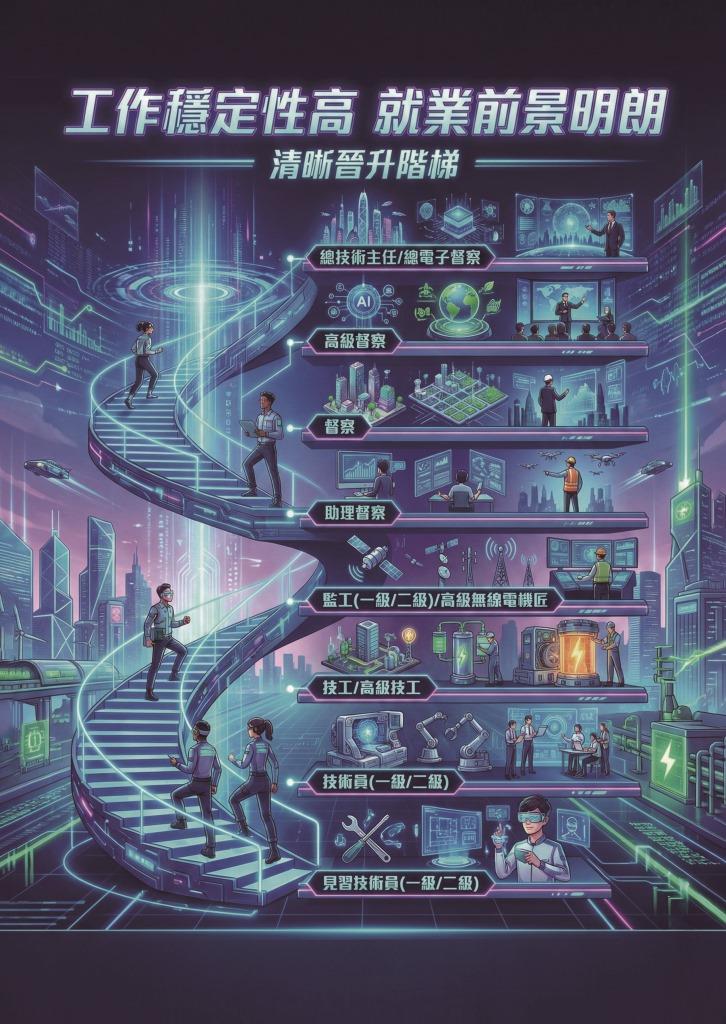 工作穩定性高 &diams; 就業前景明朗
清晰晉升階梯
見習技術員（一級／二級）&rarr;技術員（一級／二級）
&rArr;技工／高級技工
&rArr;監工（一級／二級）／高級無線電機匠
&rArr;助理督察&rarr;督察&rarr;高級督察
&rArr;總技術主任／總電子督察