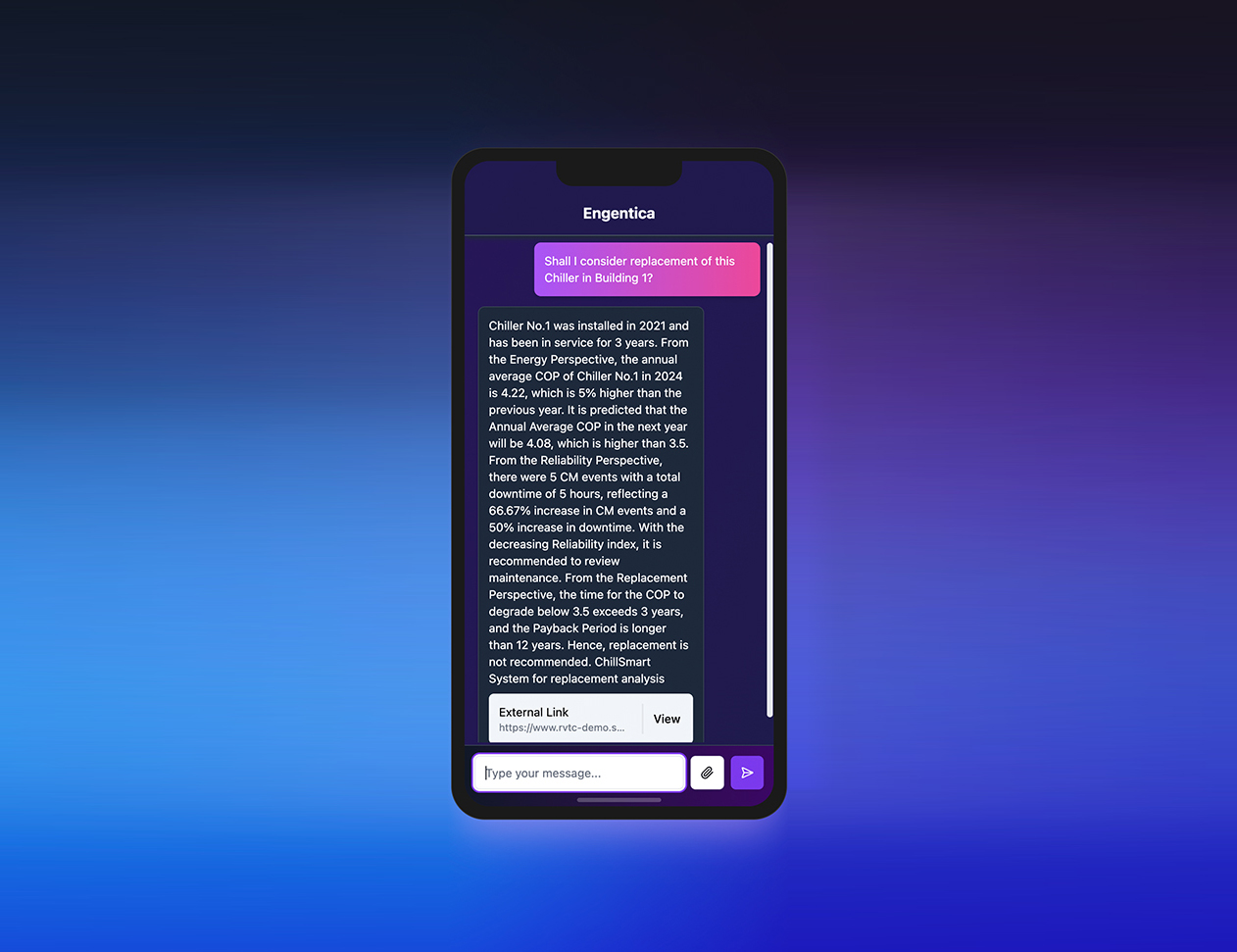 用戶輸入問題後，「Engentica」會在數據庫中搜尋相關資料，進行分析和提供答案。